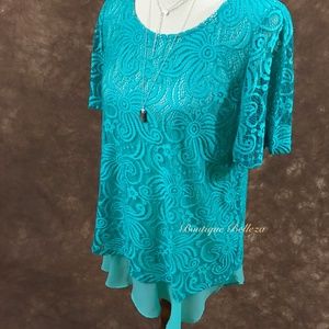 Turquoise Lace Double Layer Short Sleeve Top